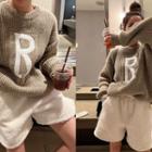 Letter-detail Rib-knit Sweater Dark Beige - One Size