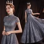 Short-sleeve Mock-neck Glitter A-line Wedding Gown