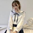 Long-sleeve Sailor Collar Blouse White - One Size