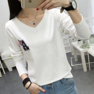Alphabet Print V-neck Long-sleeve T-shirt