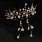 Set: Wedding Faux Pearl Headband + Fringed Earring 1 Piece - Tiara & 1 Pair - Clip On Earrings - Gold & White - One Size