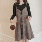 Set: Long-sleeve T-shirt + Plaid A-line Pinafore Dress