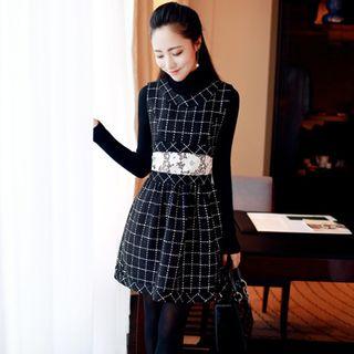 Sleeveless Lace Panel Check Dress