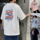 Lettering Shark Print Short-sleeve T-shirt