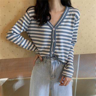 Striped V-neck Cropped Knit Cardigan