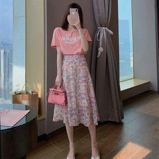 Short-sleeve Print T-shirt / Floral Print Midi A-line Skirt / Set