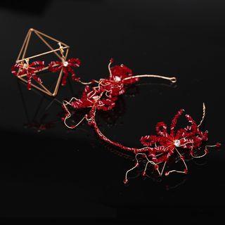 Set: Wedding Headband + Bow Dangle Earring Headband & 1 Pair - Clip On Earrings - Red - One Size