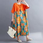 Printed Panel Short-sleeve Midi A-line Dress Tangerine - One Size