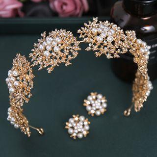 Set: Faux Pearl Flower Headband + Stud Earring Set - 1 Pc - Headband & 1 Pair - Stud Earring - Gold - One Size