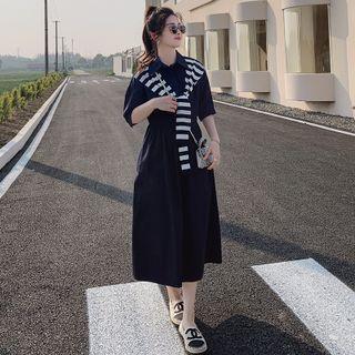 Set: Elbow-sleeve Midi A-line Shirtdress + Shawl