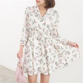 Long-sleeve V-neck Floral Pattern Dress