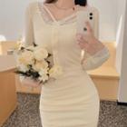 Long-sleeve Lace Trim Knit Crop Top / Midi Pencil Skirt