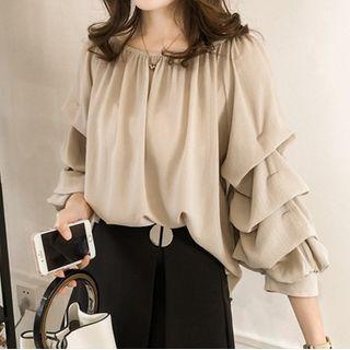 Long-sleeve Off-shoulder Plain Ruched Chiffon Top