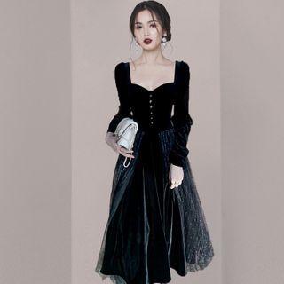 Square Neck Long-sleeve Sheer Panel Midi A-line Dress