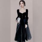 Square Neck Long-sleeve Sheer Panel Midi A-line Dress