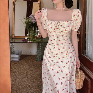 Square Neck Floral Midi A-line Dress Almond - One Size
