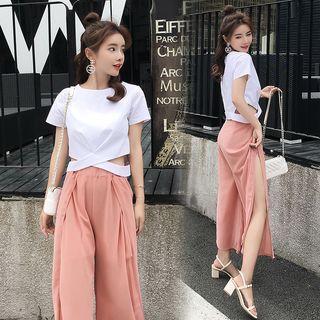 Set: Short-sleeve Cut Out T-shirt + Slit Wide-leg Pants