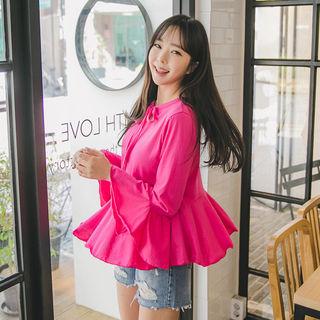 Tie-neck Ruffle-cuff Peplum Top