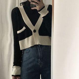 Contrast Trim Crop Cardigan Black - One Size