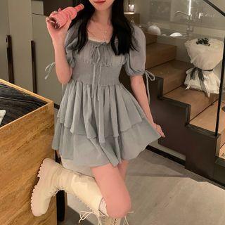 Puff-sleeve Square-neck Ruched Pleated Dress