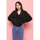 Wide-cuff Textured Cropped Shirt Black - One Size