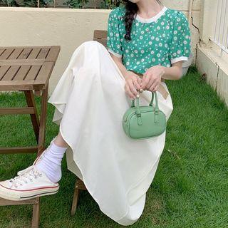Short-sleeve Floral Print Top / Midi A-line Skirt / Belt / Set