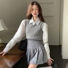 Cable Knit Sweater Vest / Shirt / Pleated Mini A-line Skirt