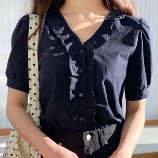Ruffled V-neck Short-sleeve Blouse Dark Blue - One Size