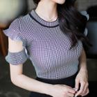 Cut-away Short-sleeve Check Knit Top + Midi Knit Pencil Skirt