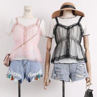 Set: Lace-trim Mesh Camisole Top + T-shirt