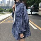 Pocketed Plaid Long-sleeve Shirt Navy Blue - One Size