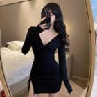 Long-sleeve V-neck Drawstring Mini Dress