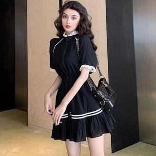 Elbow-sleeve Ruffled Mini A-line Dress Black - One Size