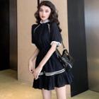 Elbow-sleeve Ruffled Mini A-line Dress Black - One Size