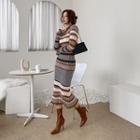 Stripe Knit Long Bodycon Dress Brown - One Size