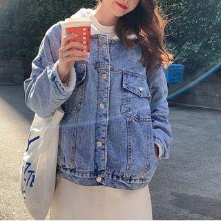 Fleece Collar Denim Jacket Blue - One Size