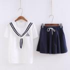 Set: Sailor Collar Short-sleeve T-shirt + Drawstring A-line Skirt White - One Size