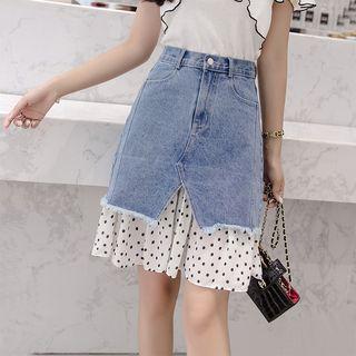 Polka Dot Chiffon Paneled A-line Mini Denim Skirt