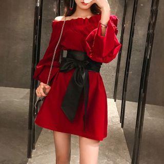 Long-sleeve Bow Off-shoulder Mini Dress