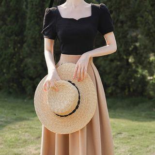 Puff-sleeve Blouse / Midi A-line Skirt / Set