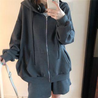 Long-sleeve Plain Zipped Hooded Jacket / High-waist Plain Shorts