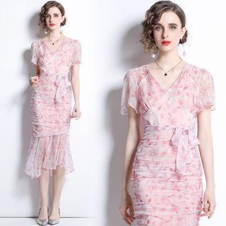 Short-sleeve Print Ruffle Hem Midi Sheath Dress