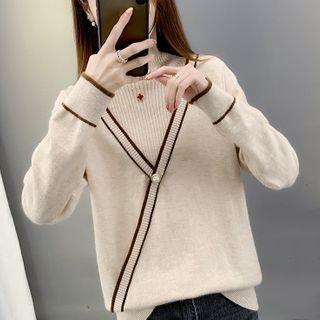 High-neck Contrast Trim Striped Knit Sweater