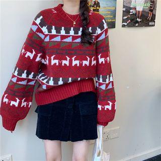 Lantern-sleeve Christmas Pattern Sweater