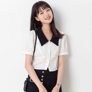 Short-sleeve V-neck Color-block Blouse