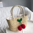 Cherry Applique Woven Tote Bag Off-white - One Size