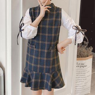 Balloon-sleeve Plaid Panel Shift Dress