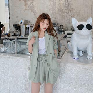 Set: Short-sleeve Plain Blazer + Band-waist Shorts