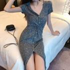 Short-sleeve Melange Twisted A-line Dress
