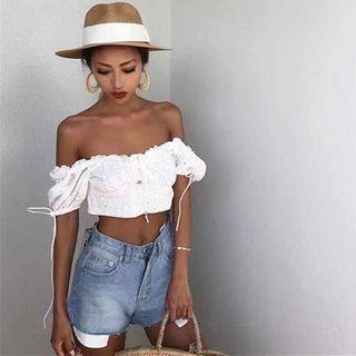 Eyelet Lace Off-shoulder Crop Top